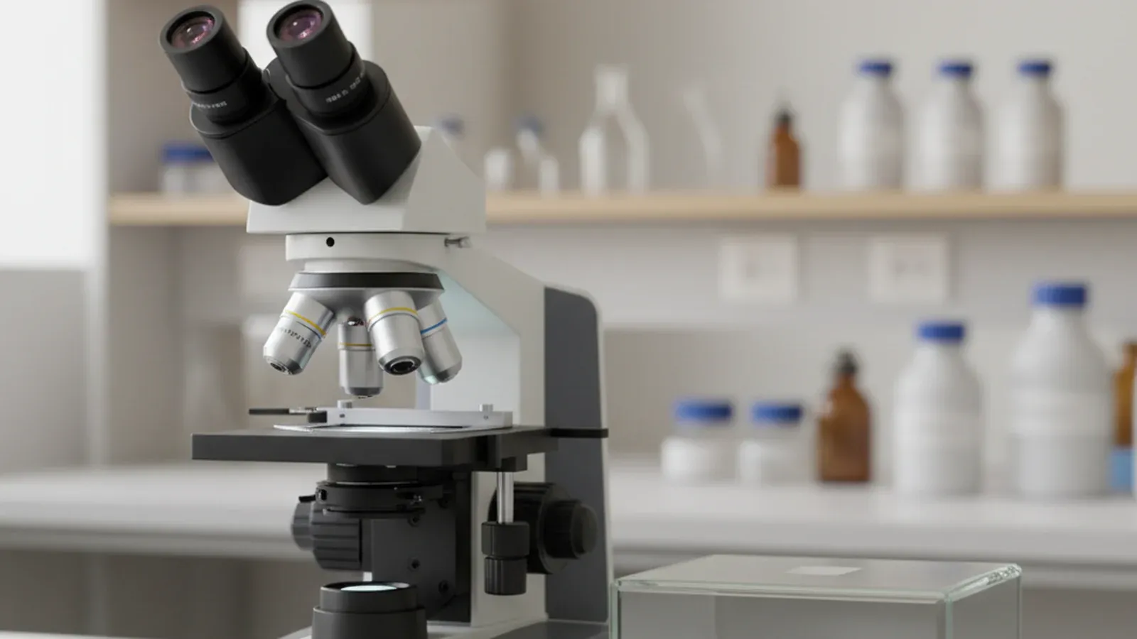 A laboratory microscope on a clean bench beside a closed sample box in cool neutral light